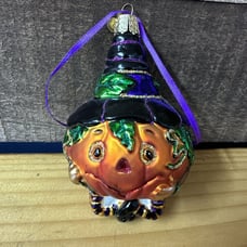 Old World Christmas Halloween Pumpkin Scarecrow Witch Glass Ornament 4” RETIRED