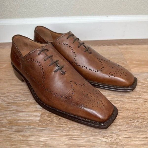 Calzoleria Toscana Brown Genuine Leather Brogue Wingtip Oxford Shoes