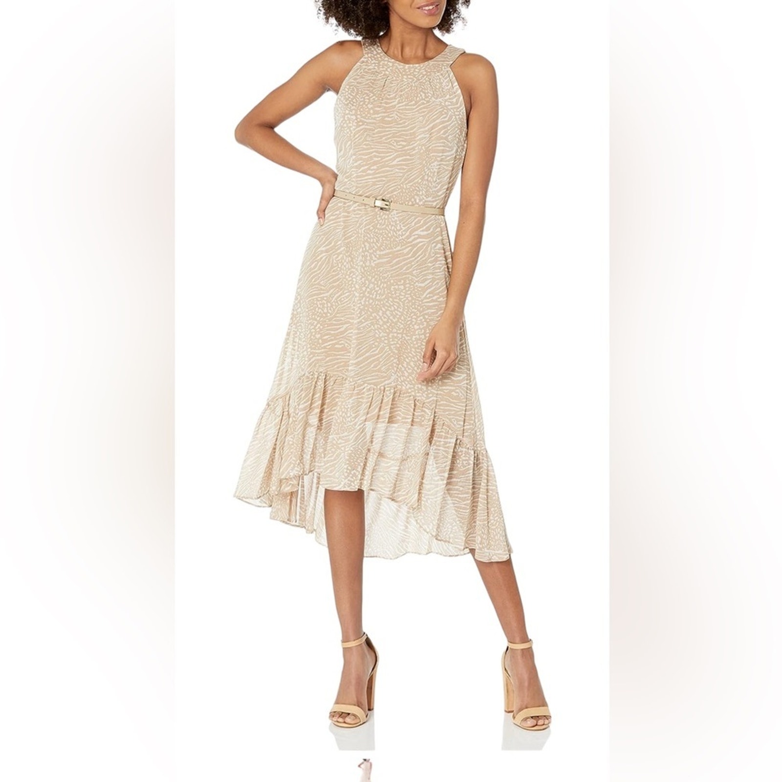 Tommy Hilfiger Women's High Low Tan Cream Flowy Halter Dress Size 6 NWD FLAW
