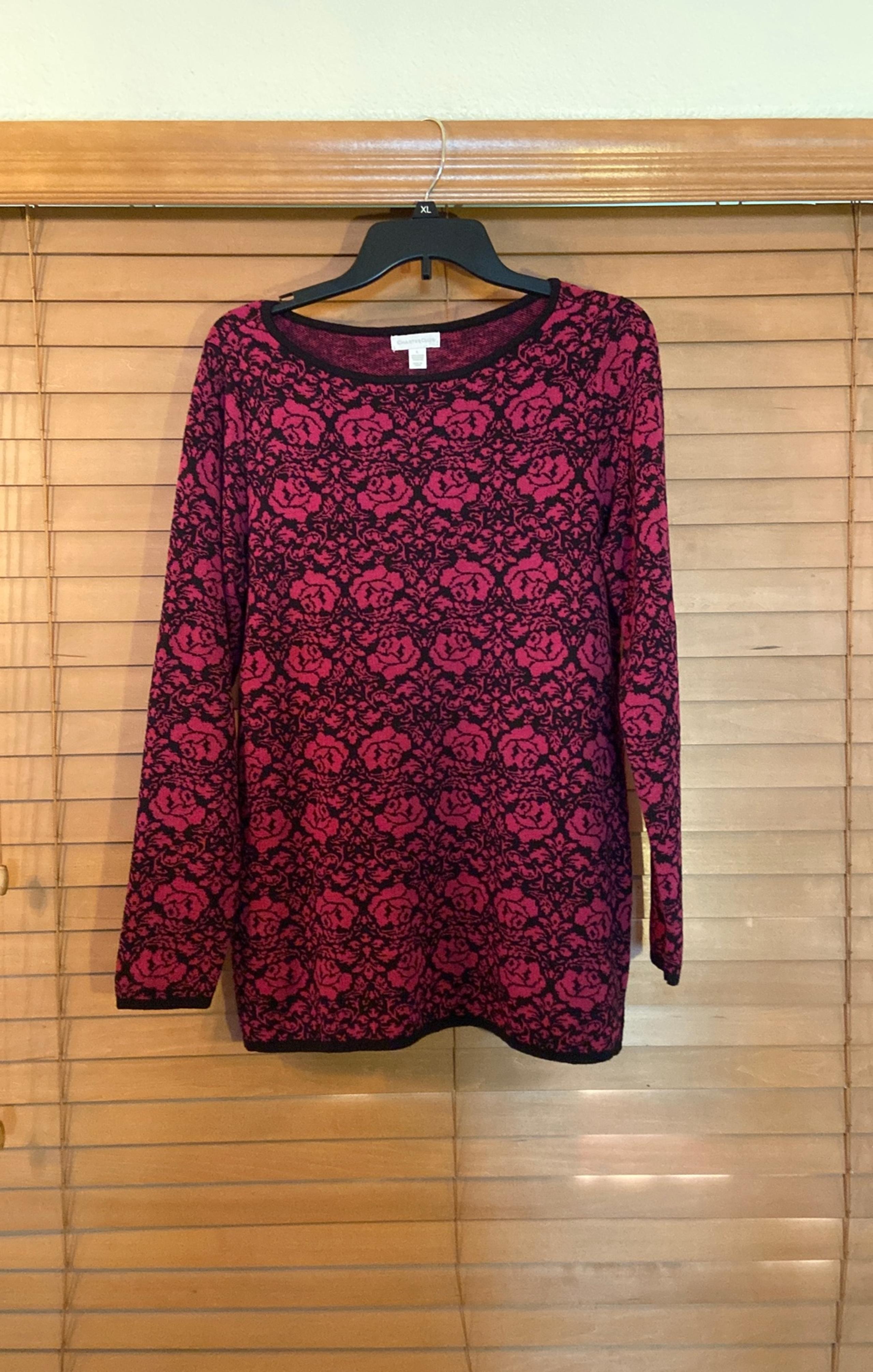 Charter Club Floral Pink/Black Stretch Sweater Tunic, Size Large