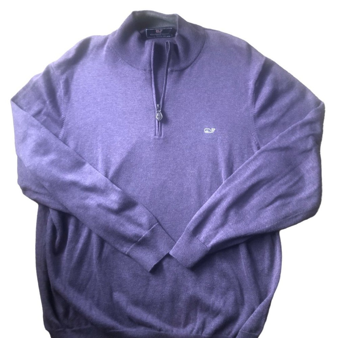 Vineyard Vines Mens 1/4 Zip 100% Cotton LS Sweater L Logo Leather Pull Winter