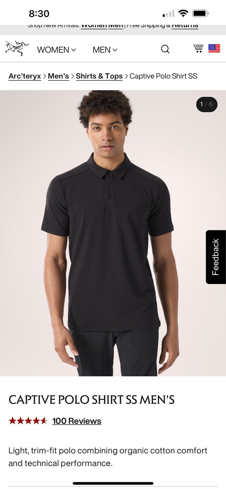 Arcteryx Polo Shirt Mens Medium Black Short Sleeve Captive