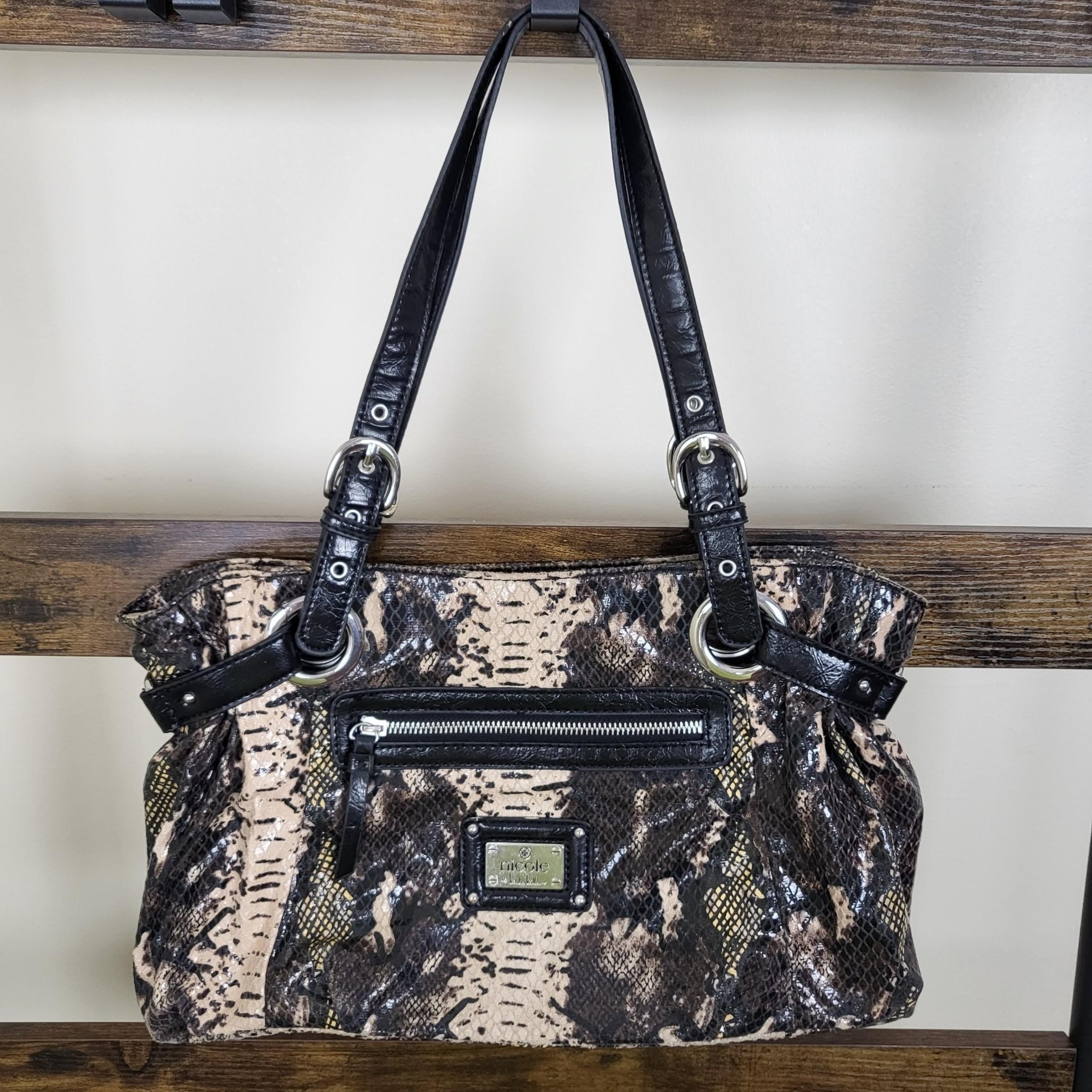 Nicole by Nicole Miller tan black shine snakeskin shoulder bag