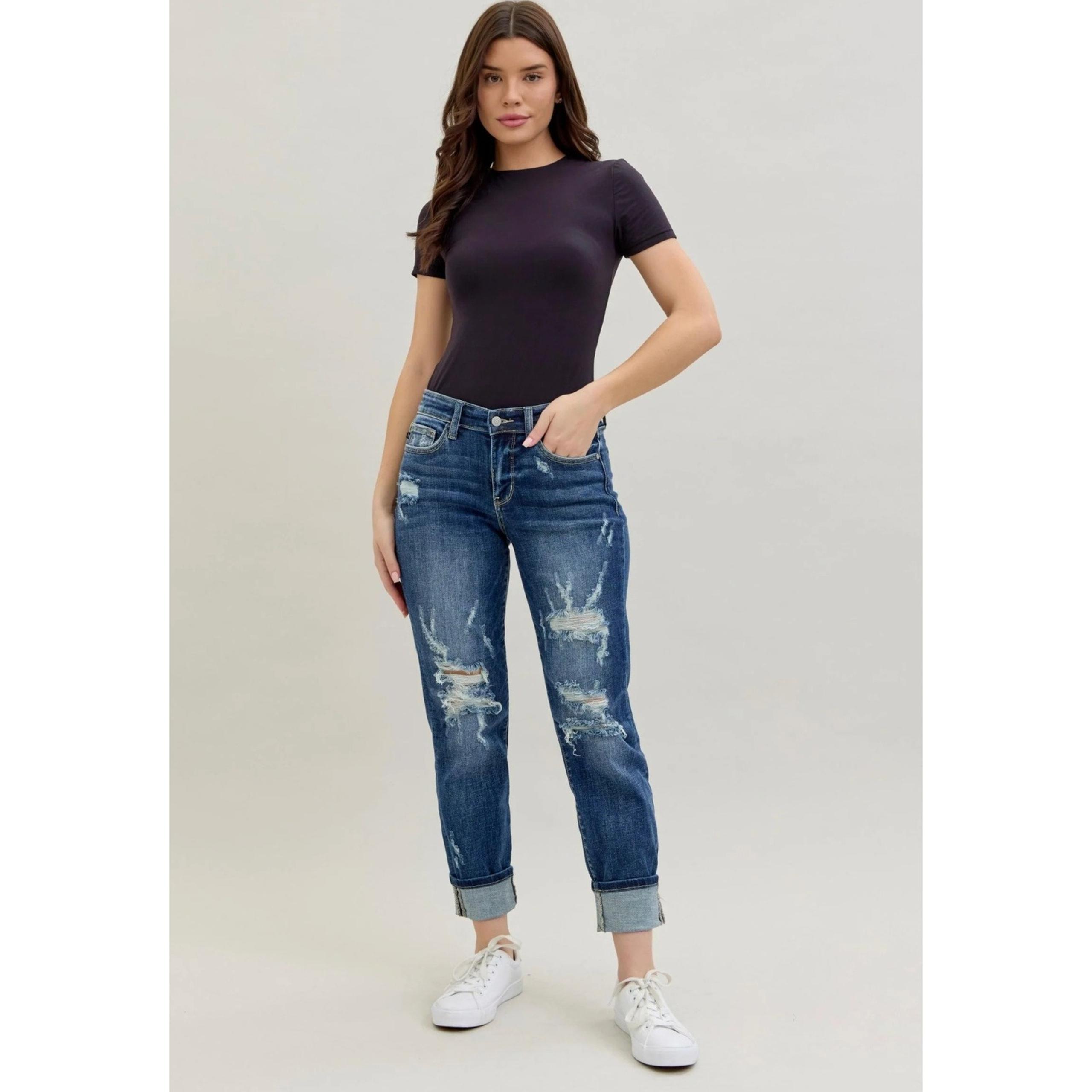Judy Blue Mid Rise Distressed Boyfriend Fit Jeans Medium Wash Size 11/30
