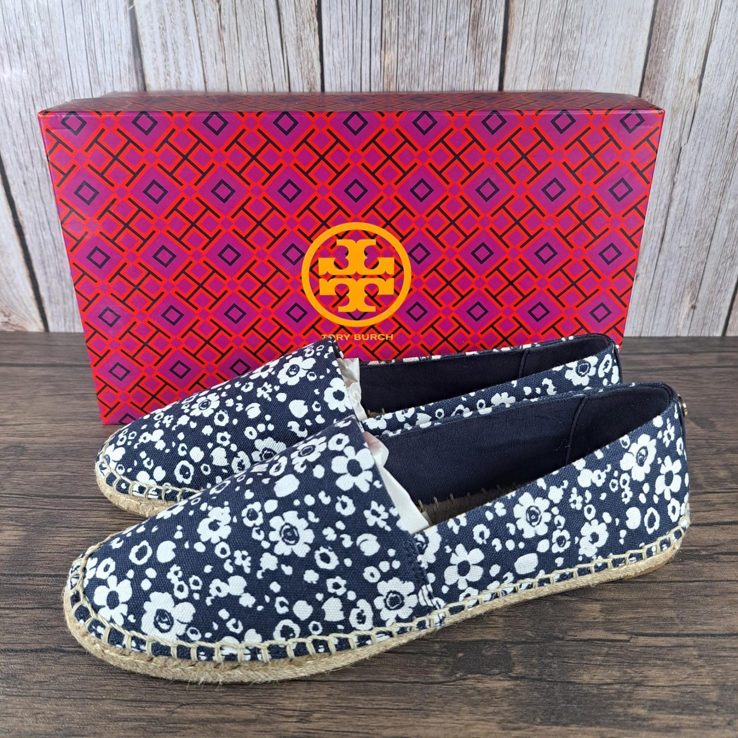 Tory Burch Risa Espadrille Slip On Loafer Women's Sz 9 Navy Ivory Lovers Floral