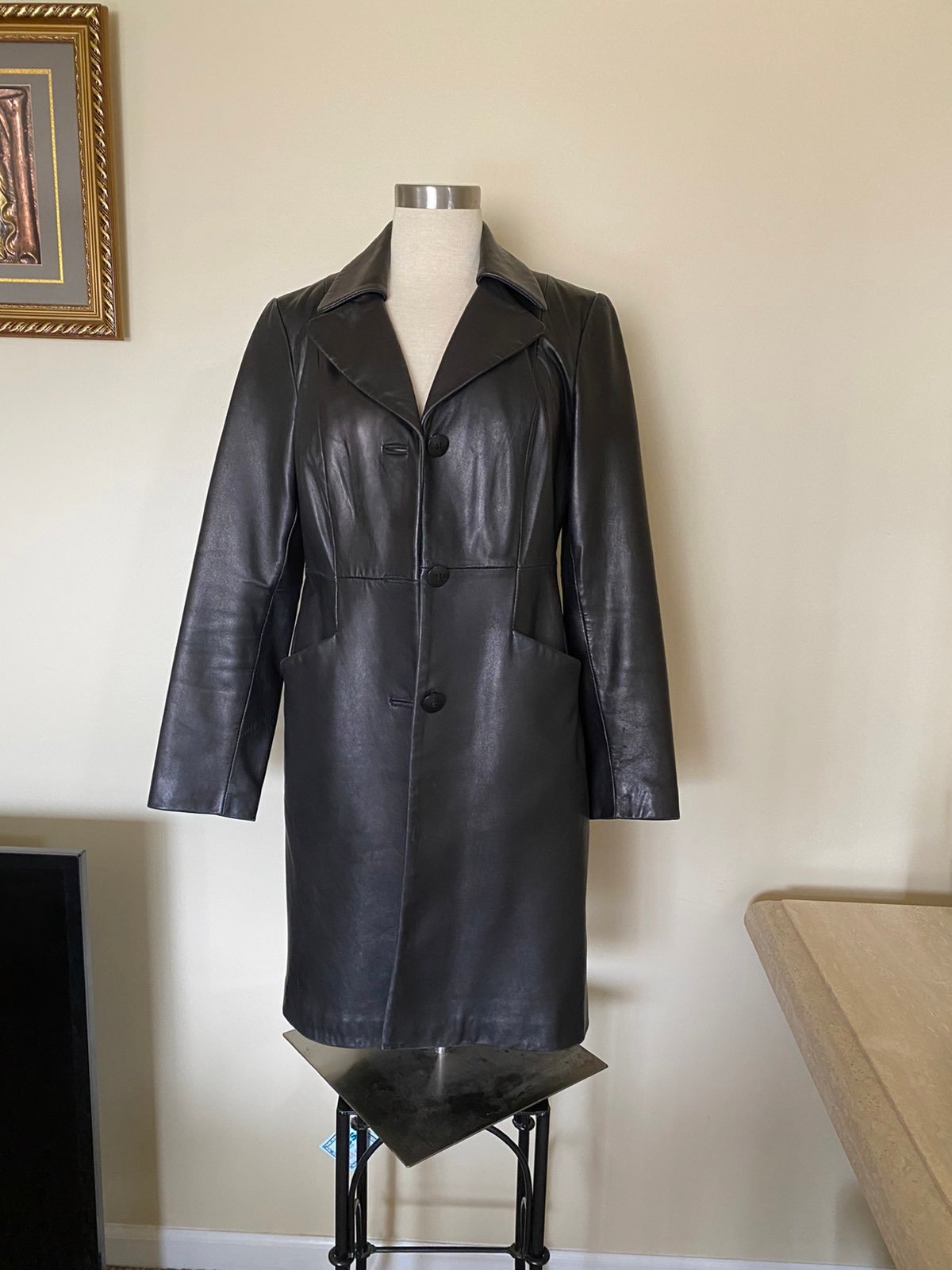 Leather Jacket long parka large black