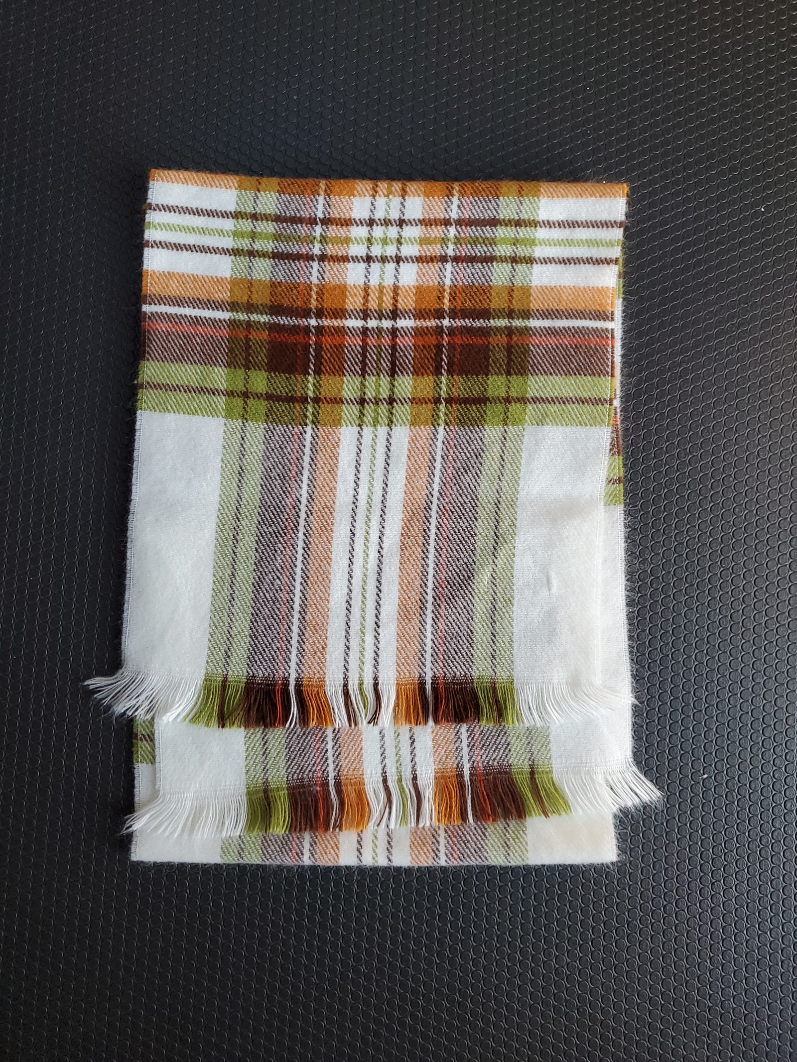 Barneys New York White Base Plaid Fringed Scarf, Green, Brown, Orange