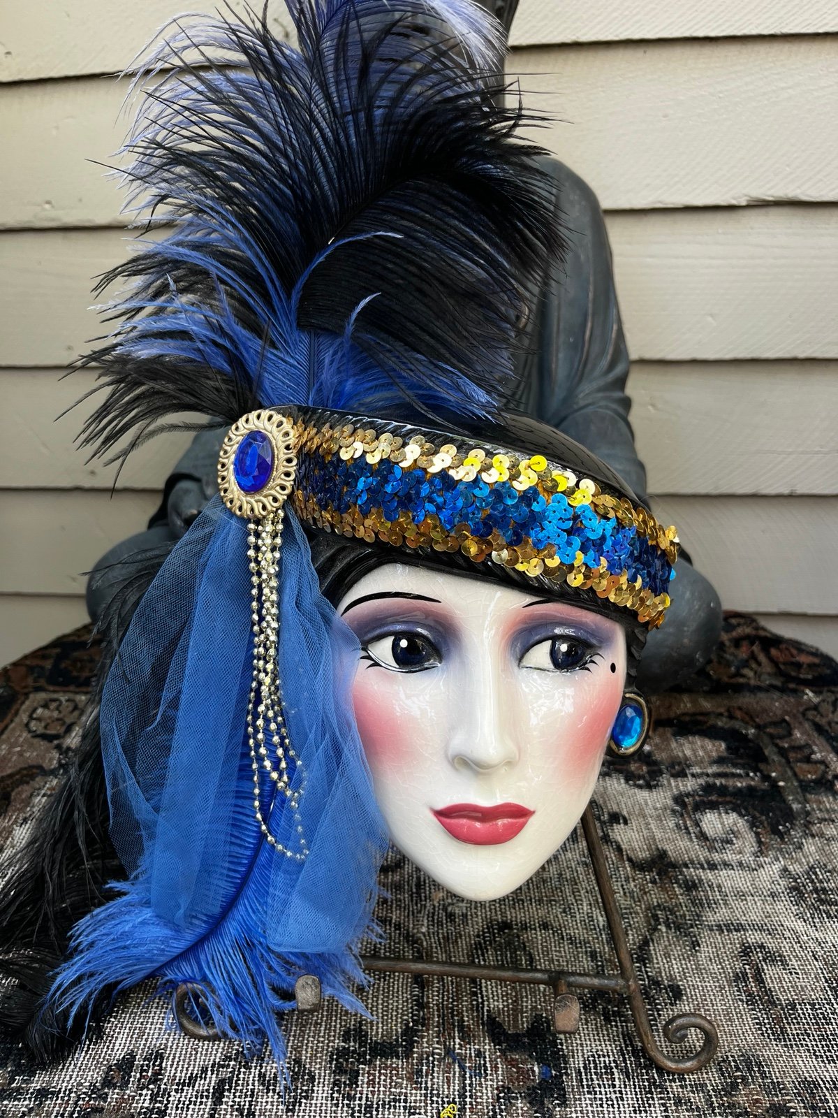 Vintage Clay Art feathered mask, Claudia Cohen