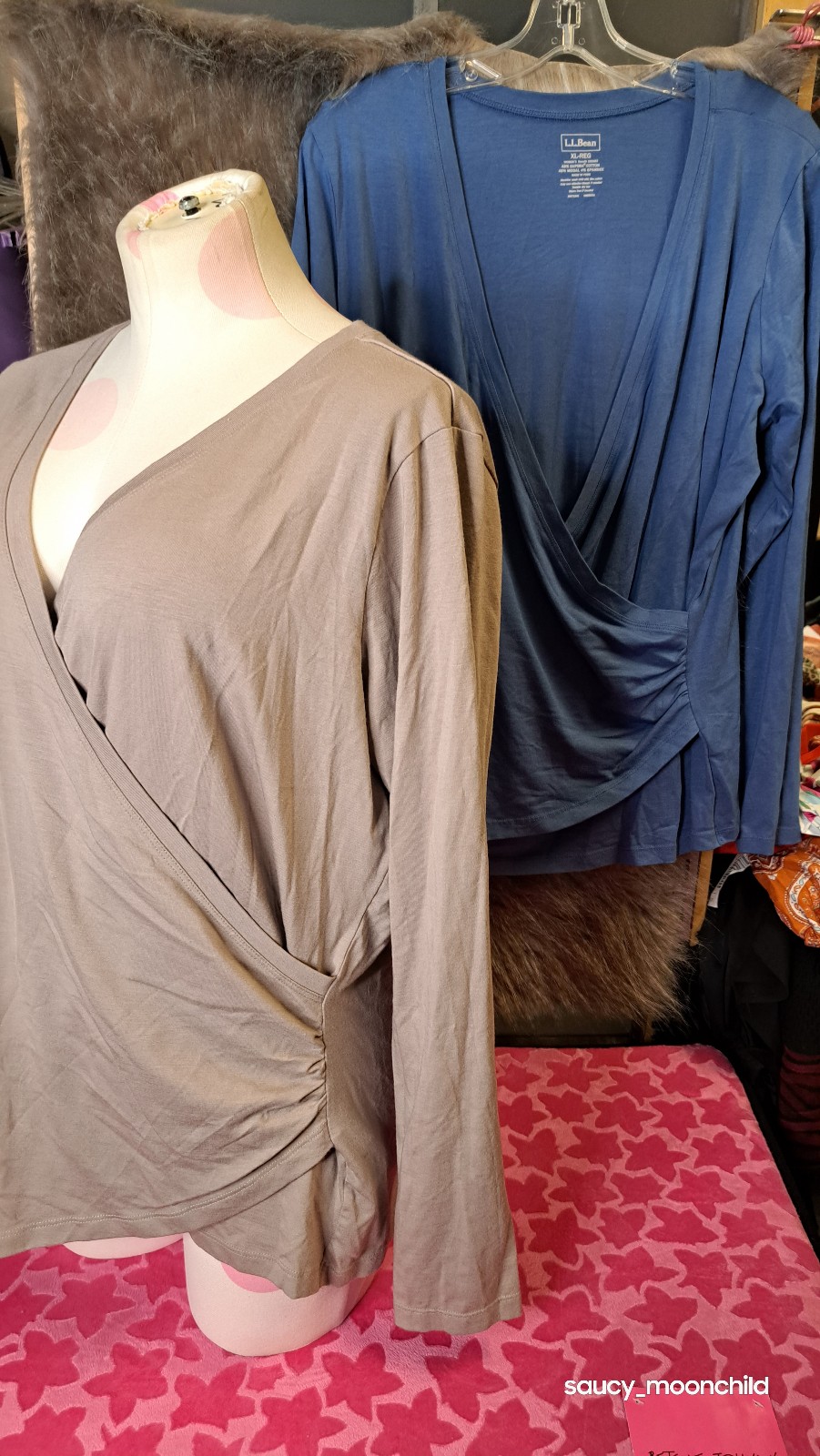 (2) L.L. Bean • Tan & Blue Wrap Front Ruched Long Sleeve XL Tops Tees Shirts