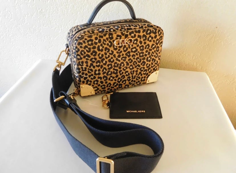 New Michael Kors Estelle Small Trunk Crossbody Haircalf Bag ~ Black & Khaki