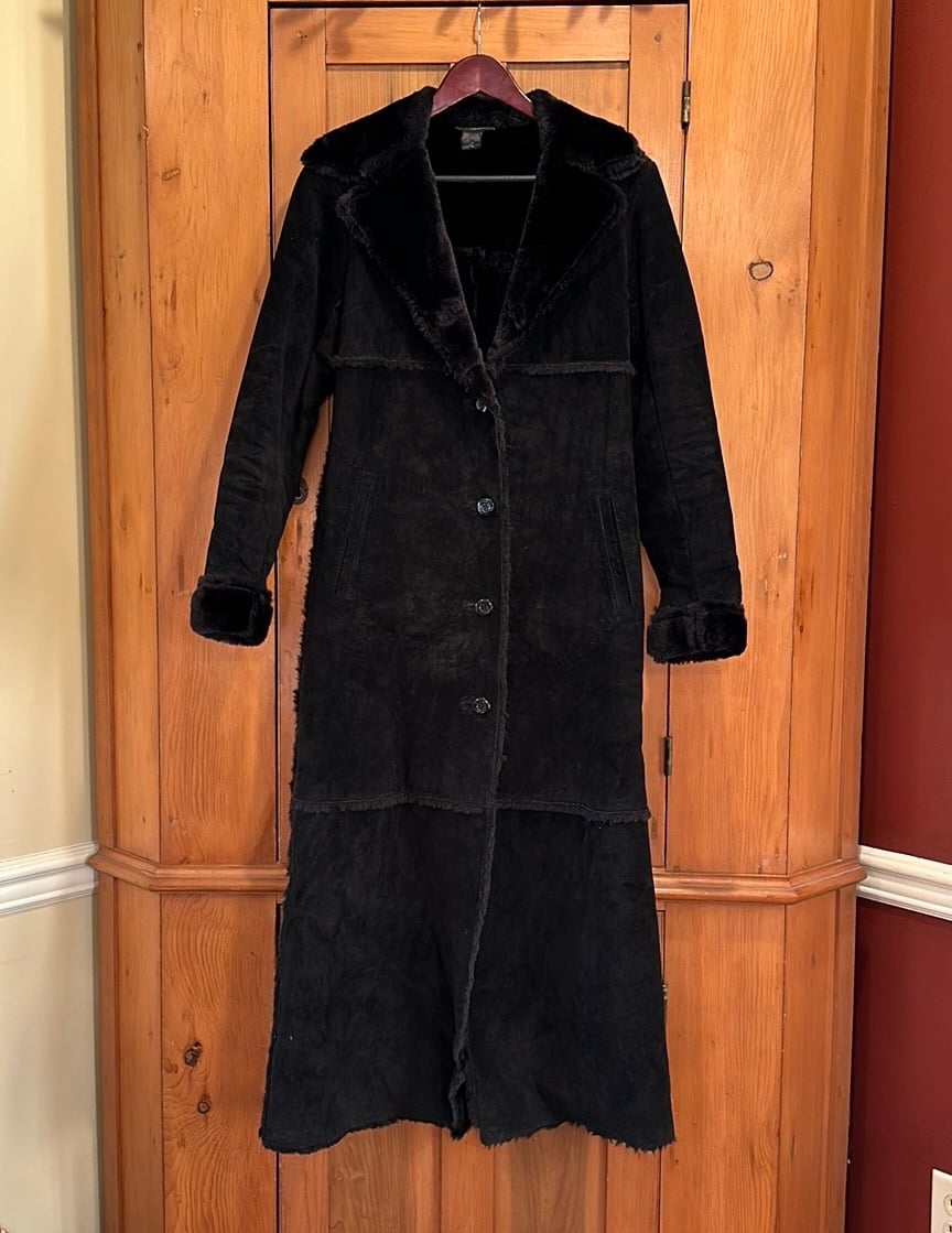 Vintage Y2K Express Long Ankle Length Black Suede Leather Coat XS Faux Fur Trim
