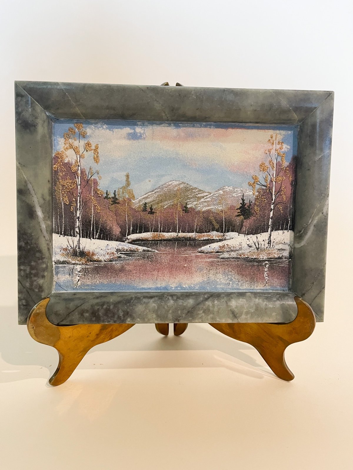 Original snowy mountain stone painting in marble frame