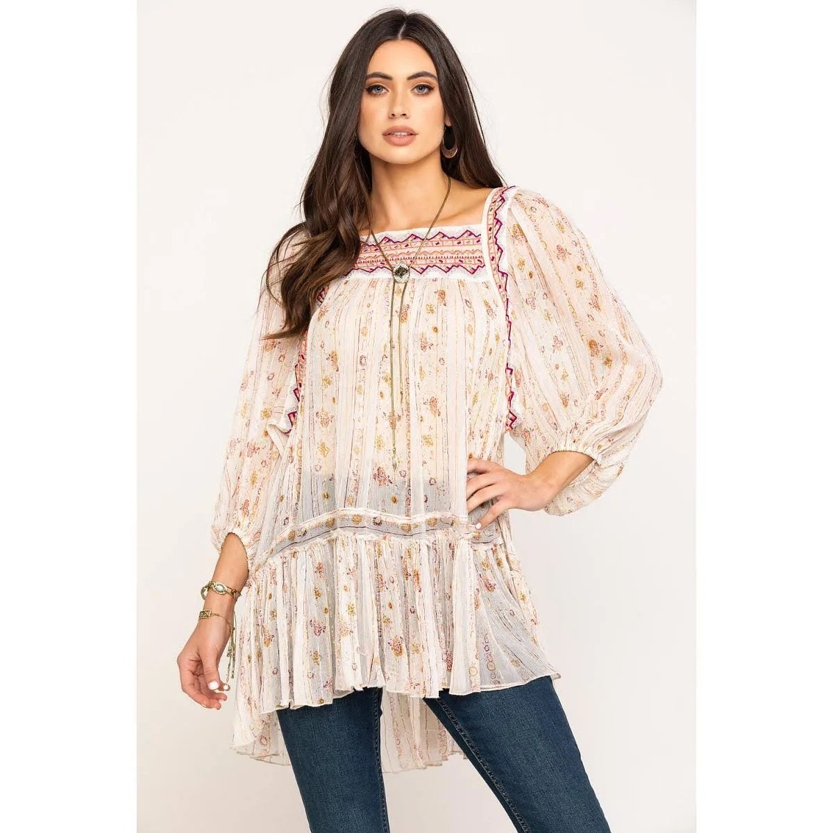 Free People Dance Magic Tunic Size Small Embroidered Embellished Ivory Boho