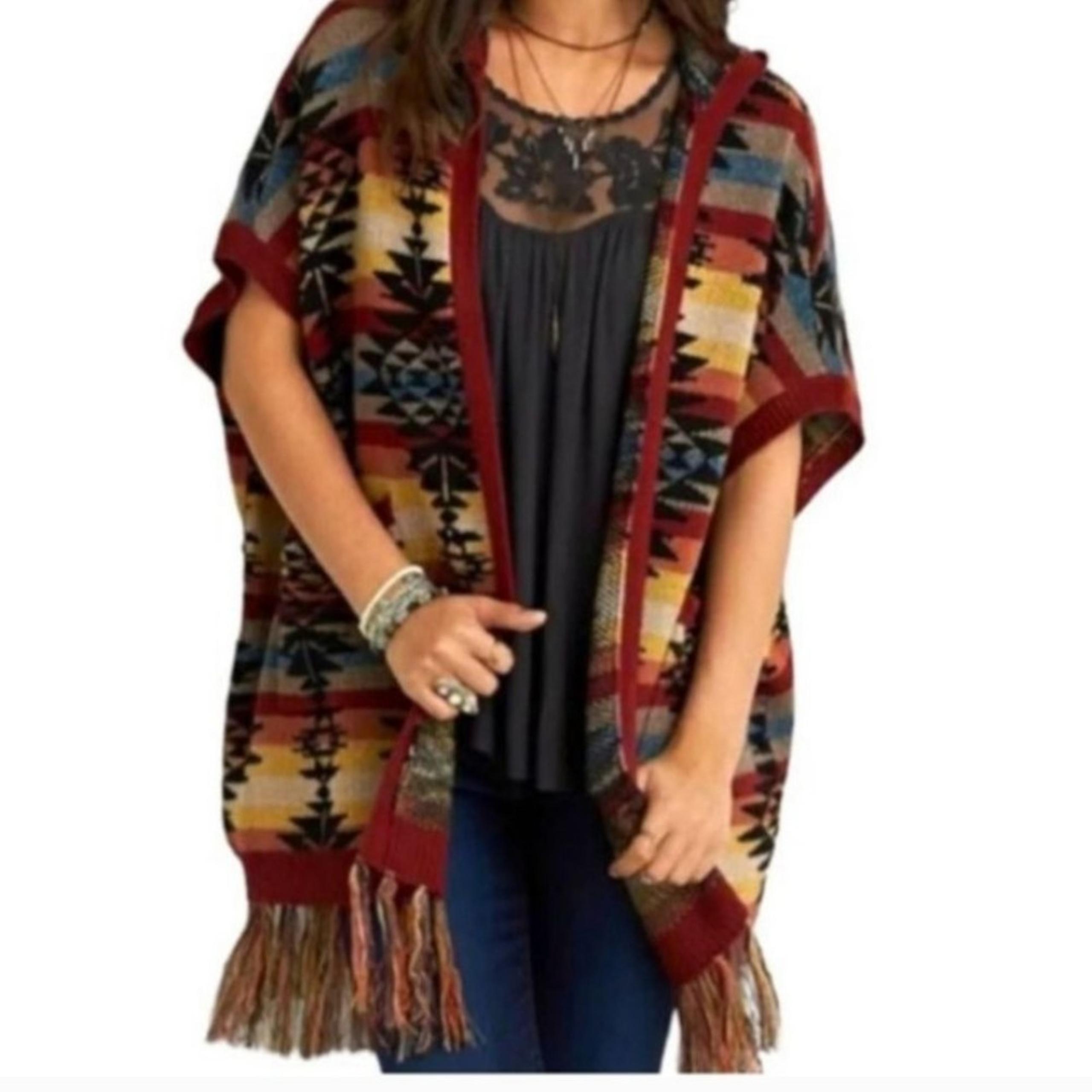 American Eagle Outfitters Womens Southwestern Fringe Blanket Poncho Sweater Sz M