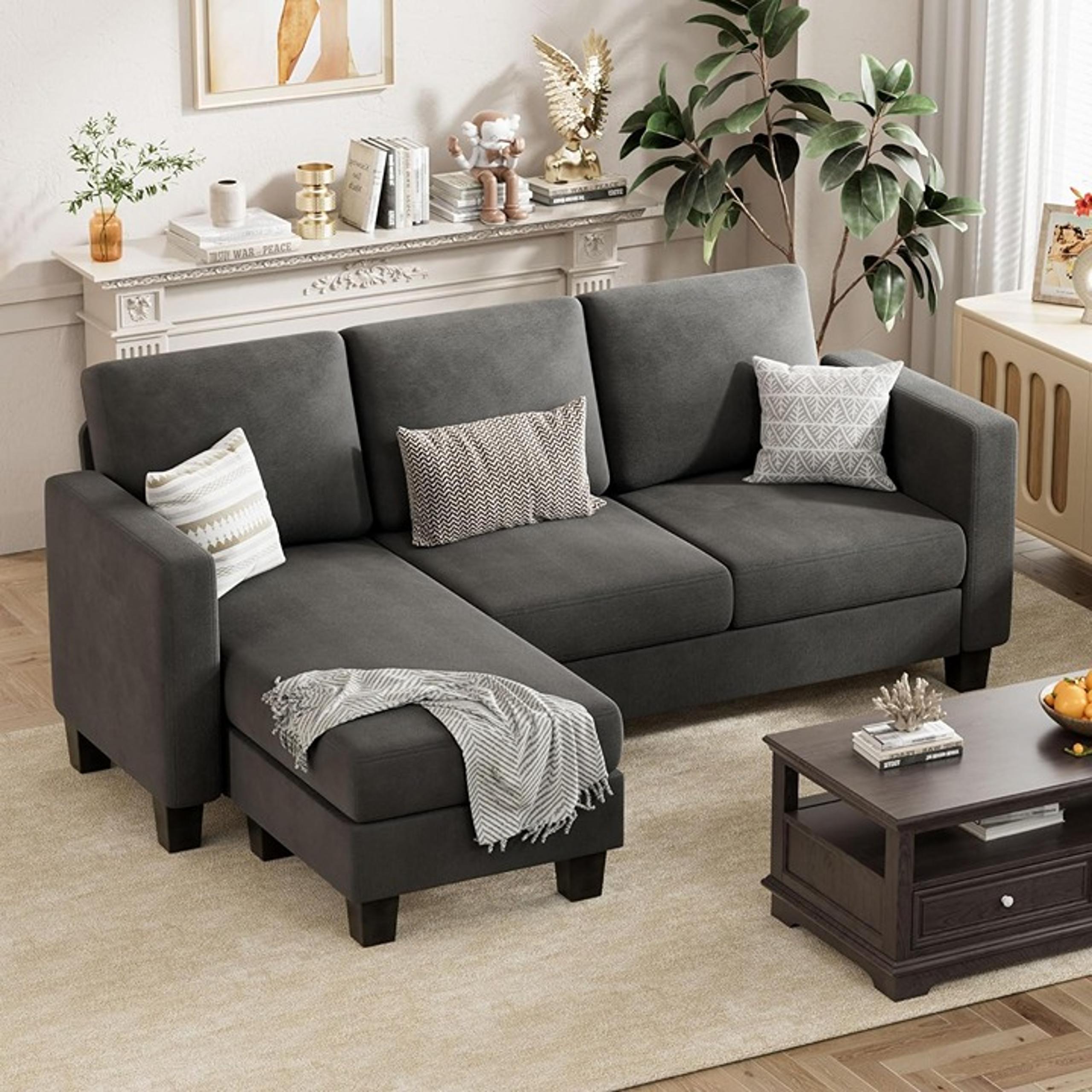 Convertible Sectional Sofa Couch, 3 Seat L-Shaped Sofa with Linen Fabric