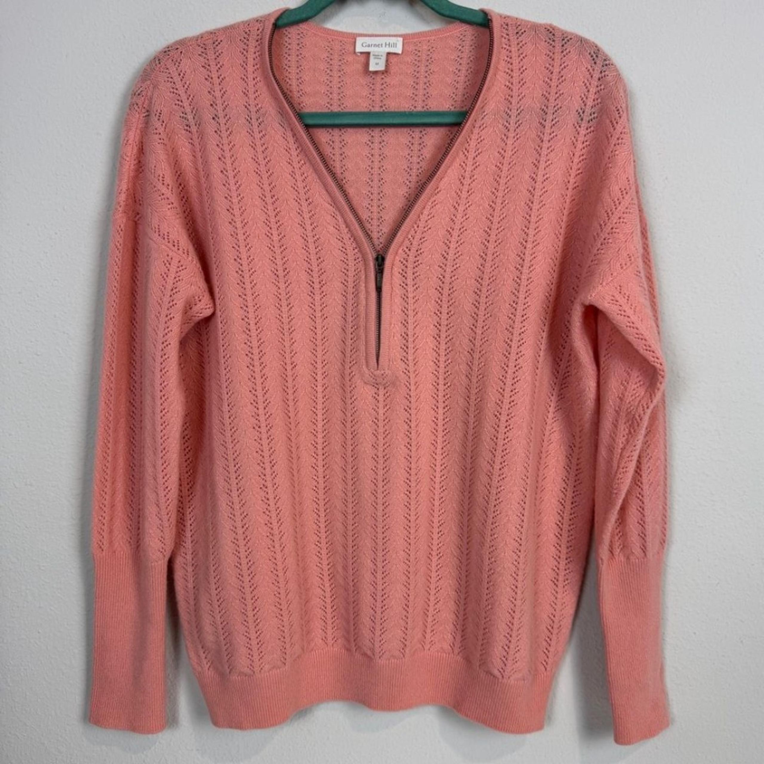 Garnet Hill Pink Pointelle Zip Neck Cashmere Sweater M