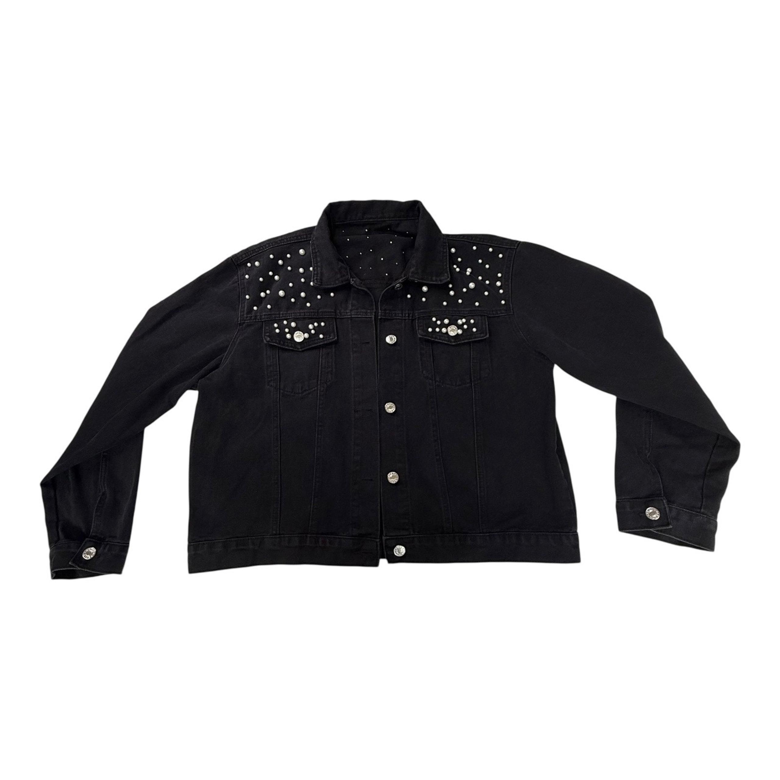VTG Black Denim BRIDAL JACKET Pearls Embellished "Jeans" Buttons Womens LG 12/14