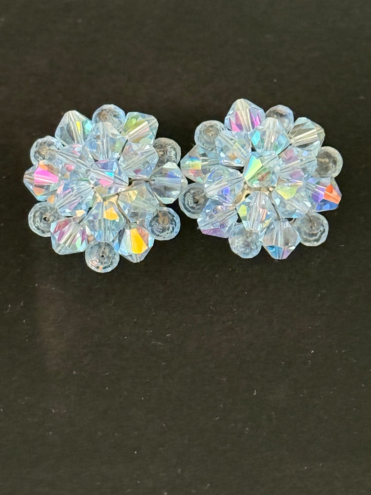 Vintage Sky Blue Aurora Borealis Faceted Crystal Bead Cluster Earrings Clip On