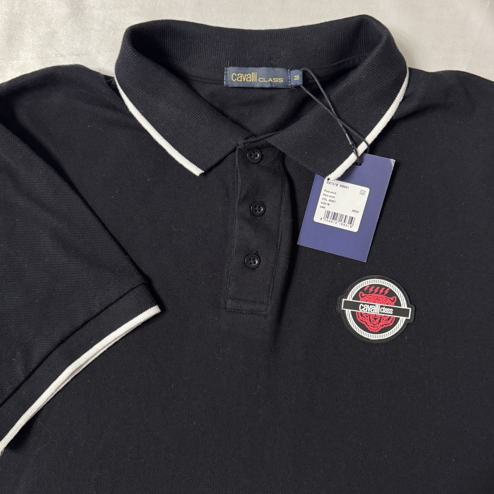 Cavalli Class Polo Shirt Black Short Sleeve Logo Trim Casual Mens Size M