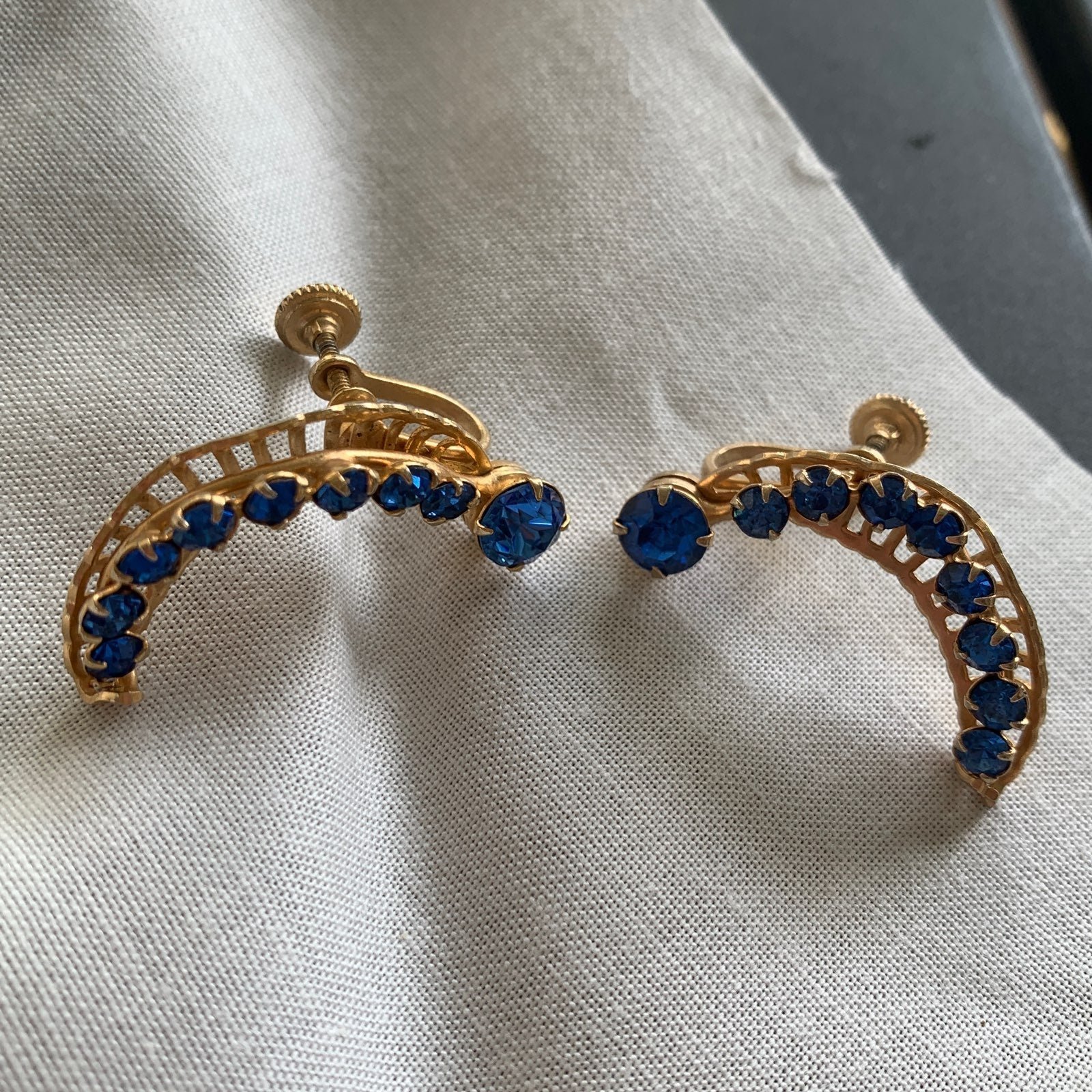 Antique Screwback Crescent shaped brilliant blue Rhinestones Earrings