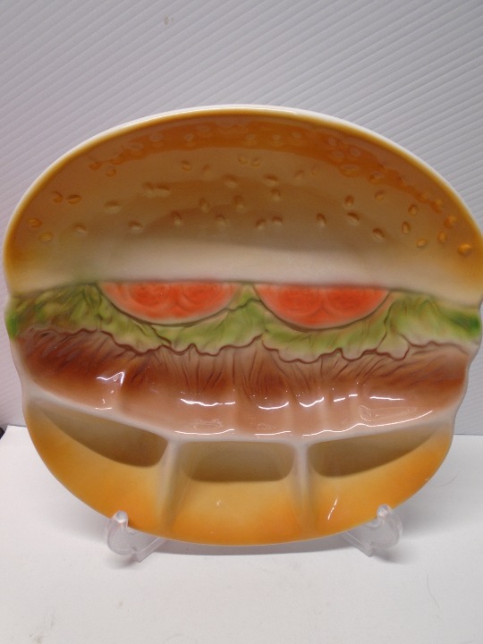 HAMBURGER DIVIDED DISH Serving Tray Cheese Burger 11x10½ MSR Imports w/crazing