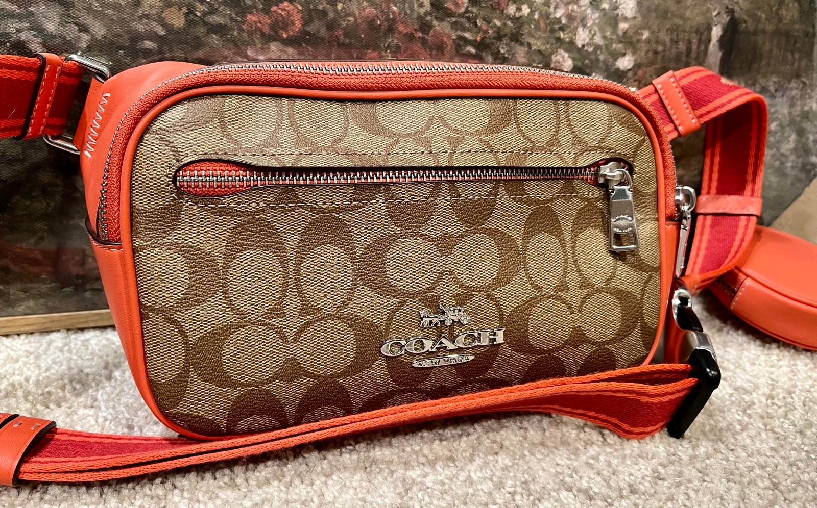 Coach Elias Belt Bag In Colorblock Signature Canvas (Peachy Watermelon)