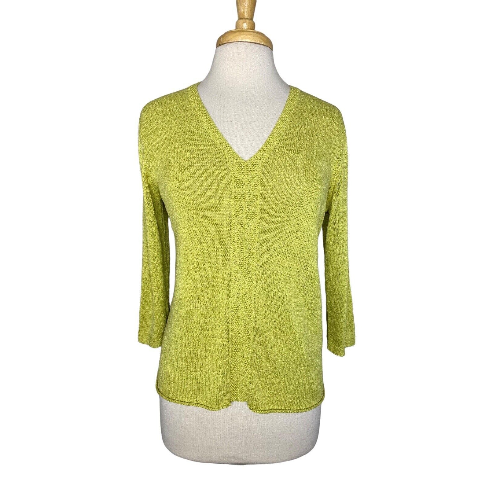 EILEEN FISHER Silk Nylon Green Yellow Knit V-neck Sweater Medium 3/4 Sleeve 65SX