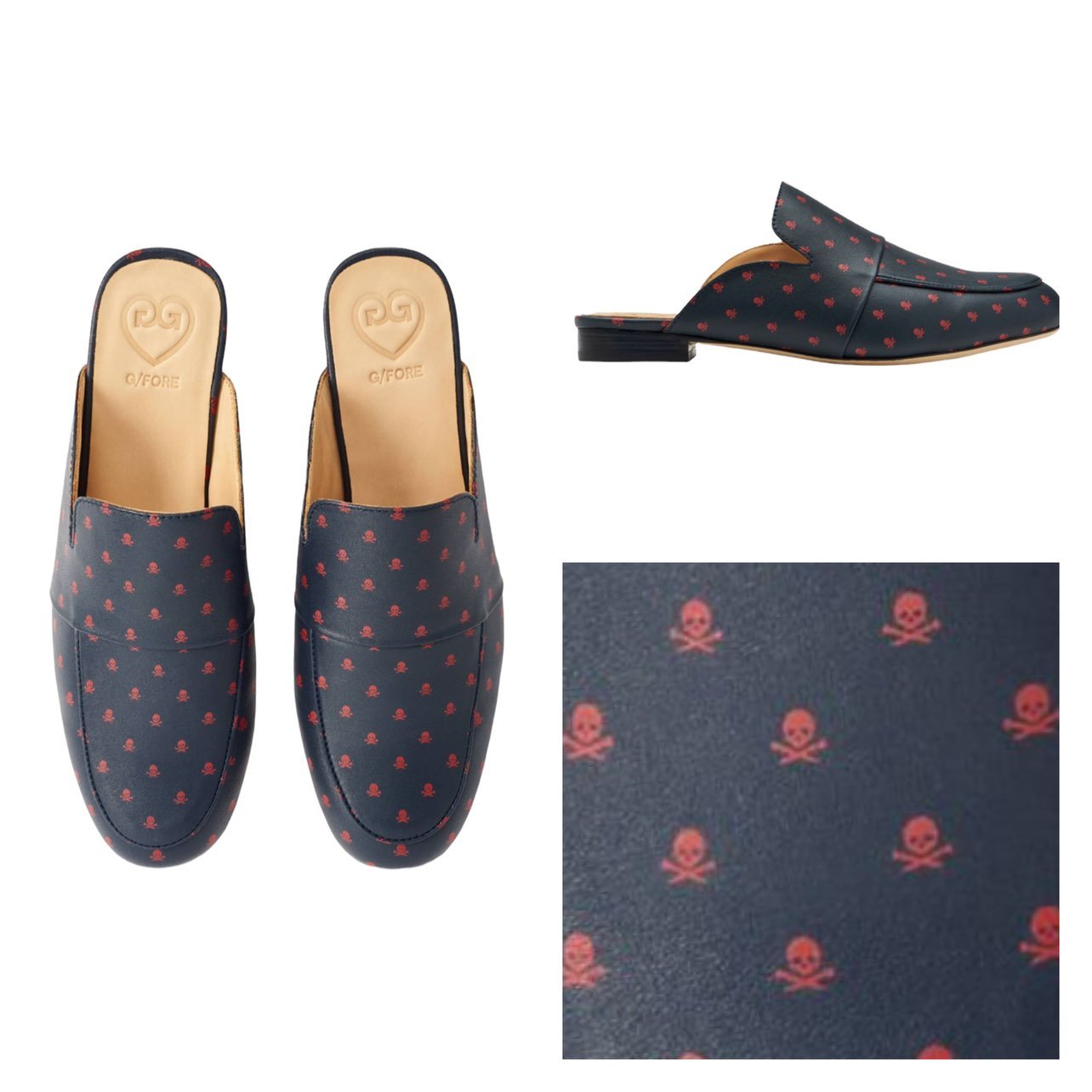 NEW G/FORE Navy Blue Killer T's Leather Mules Skull Print Size 7