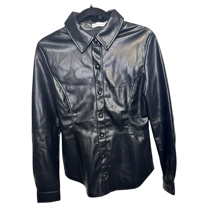 Avec Les Filles NWT Edgy Luxe Chic Street Style Black Faux Leather Shirt, sz M