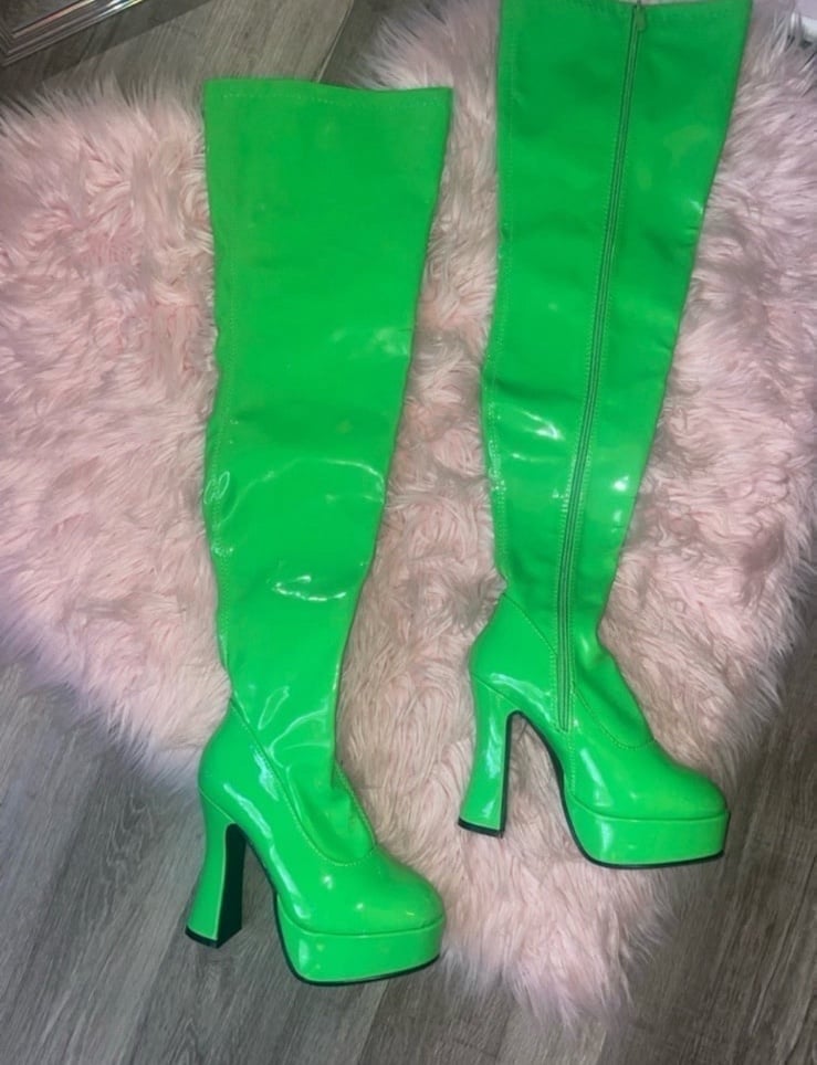 Dolls Kill Thrill Neon Green Slime Thigh High 5” Boots