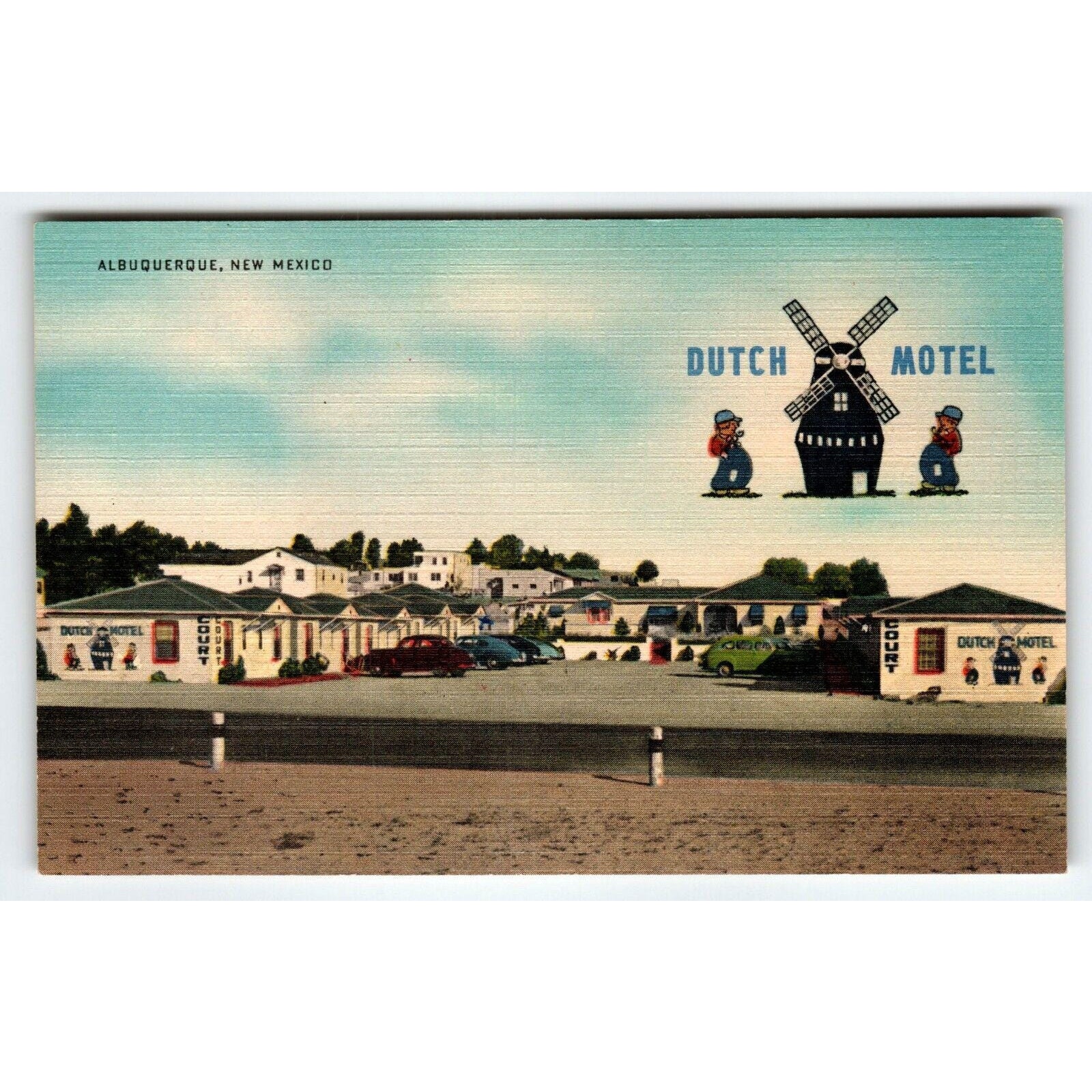 Dutch Motel Route 66 Albuquerque New Mexico Postcard Old Auto Cars Windmill 1949