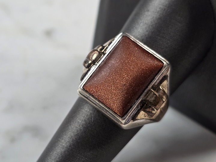 Mens Vintage Estate Sterling Silver 10k GP Modernist Goldstone Ring 9.6g E3925
