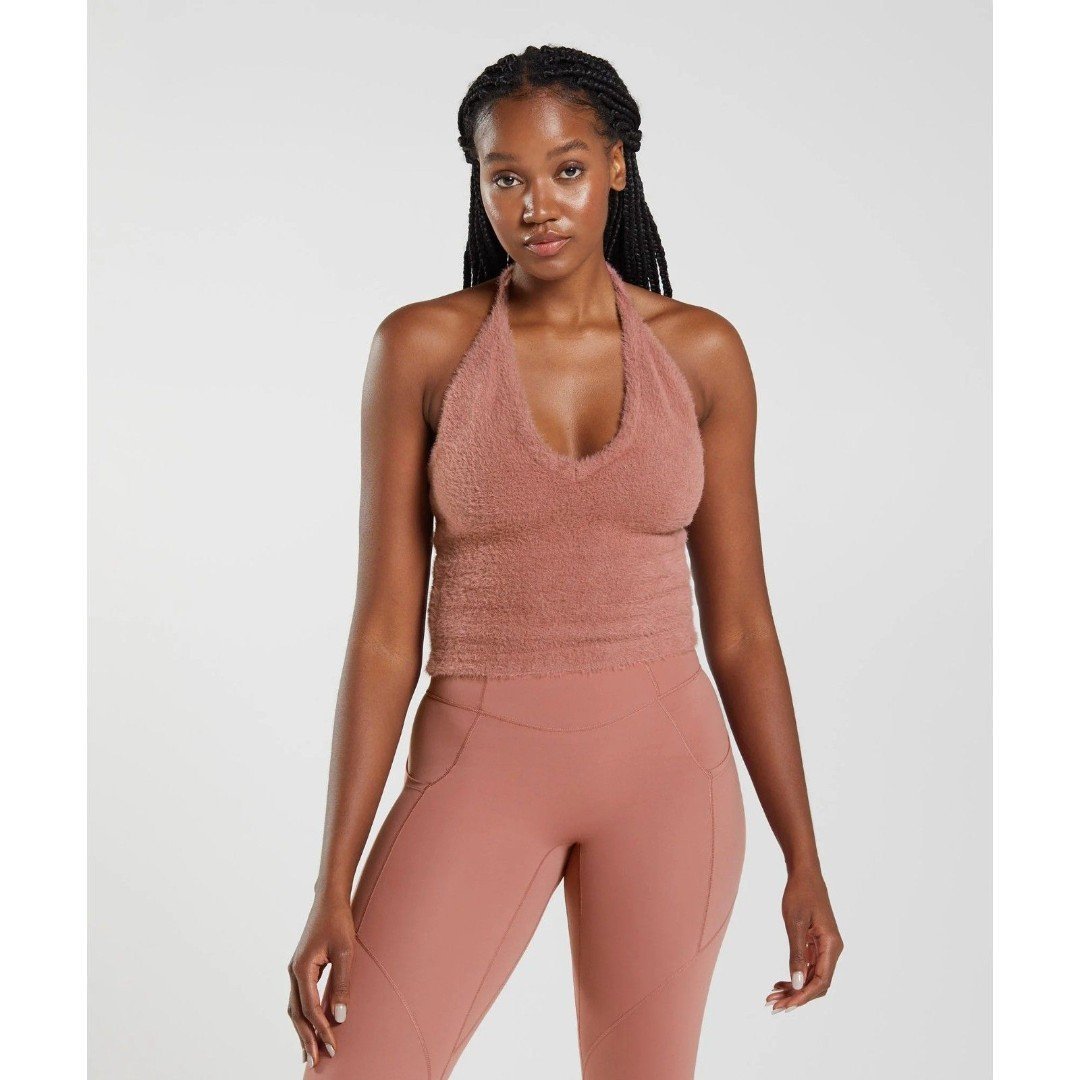 Gymshark Whitney Eyelash Knit Midi Halter Top, Canyon Red, Size L