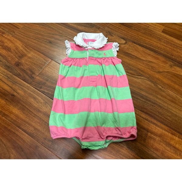 Ralph Lauren vintage green/pink stripe short sleeve romper.