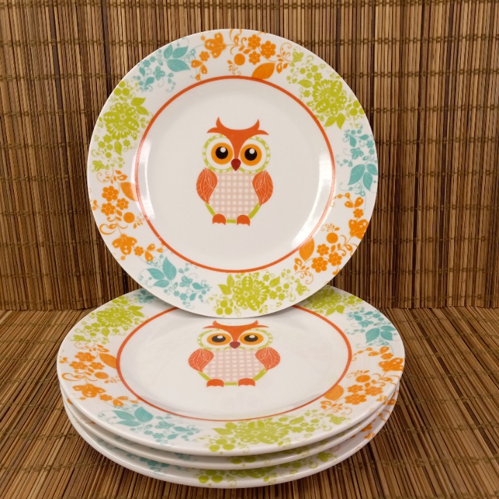 4 Owl Luncheon Salad Dessert 8 Ceramic Plates Trisa Bright And Colorful Trisa