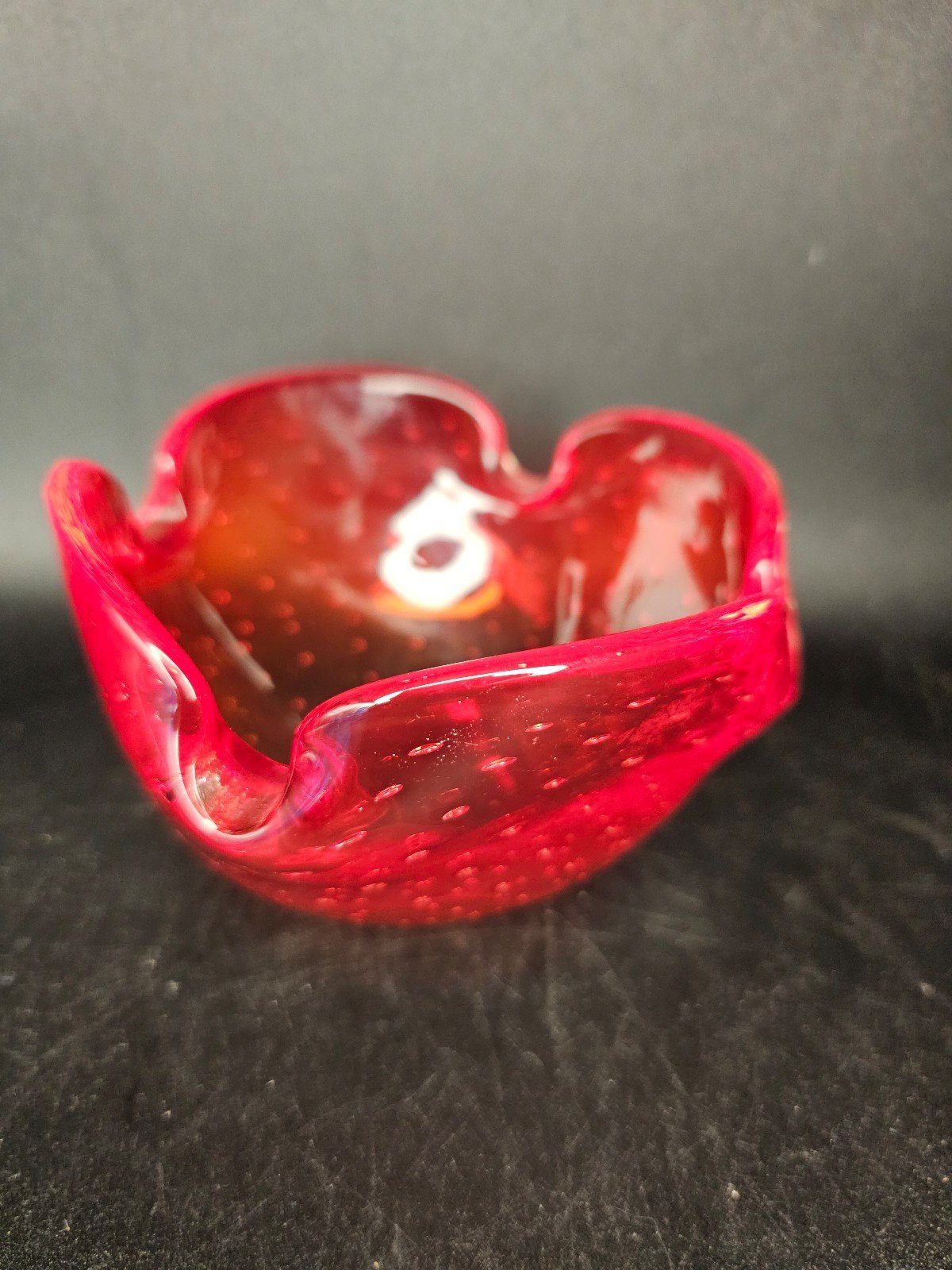 Vintage MCM Murano red glass bullicante ashtray