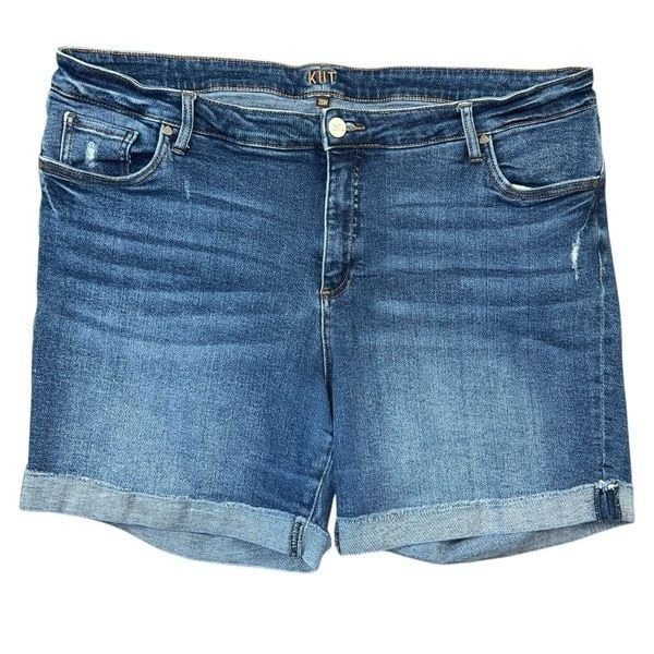 KUT From the Kloth Jean Shorts Blue Denim Boyfriend Short Distressed Cuffed Hem