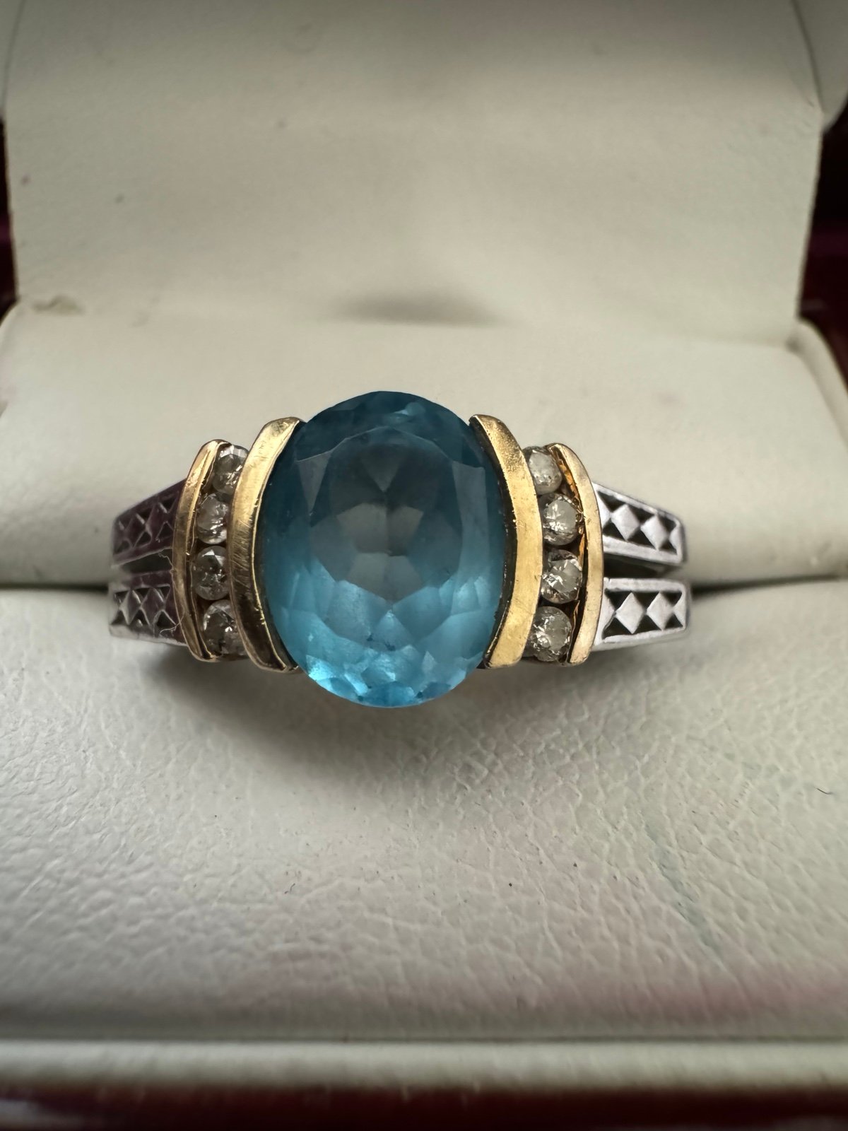 14k Solid White And Yellow Gold Blue Topaz And Diamond Ring