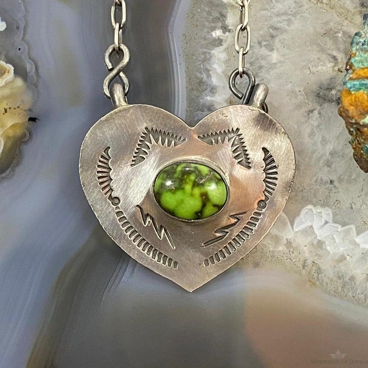 Marie Tsosie Sterling Silver Oval Sonora Gold Turquoise Stamped Heart Necklace