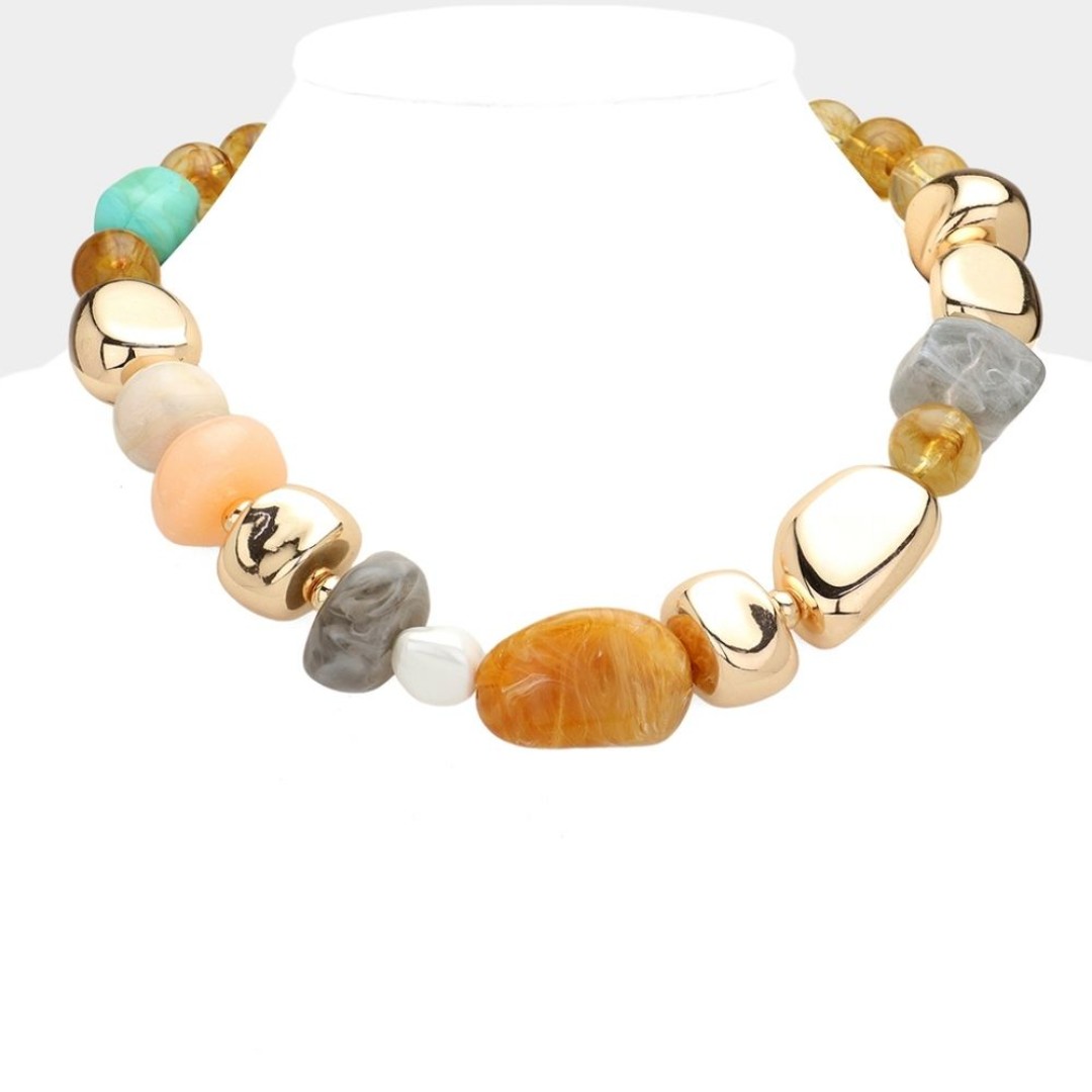 Colorful Beaded Necklace Chunky Metal Mixed Pebble Stone Statement Jewelry