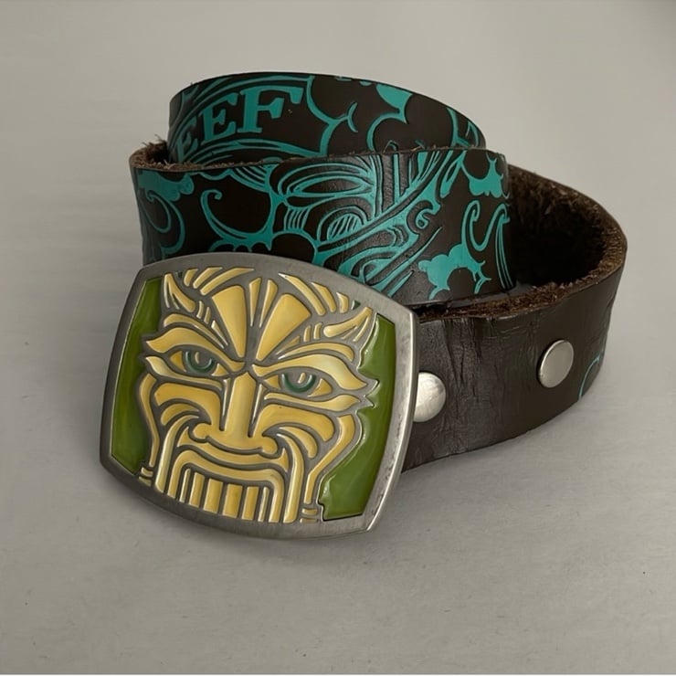 Vintage Reef Brown Leather Embossed Belt Lion Head Buckle Limited Edition 40