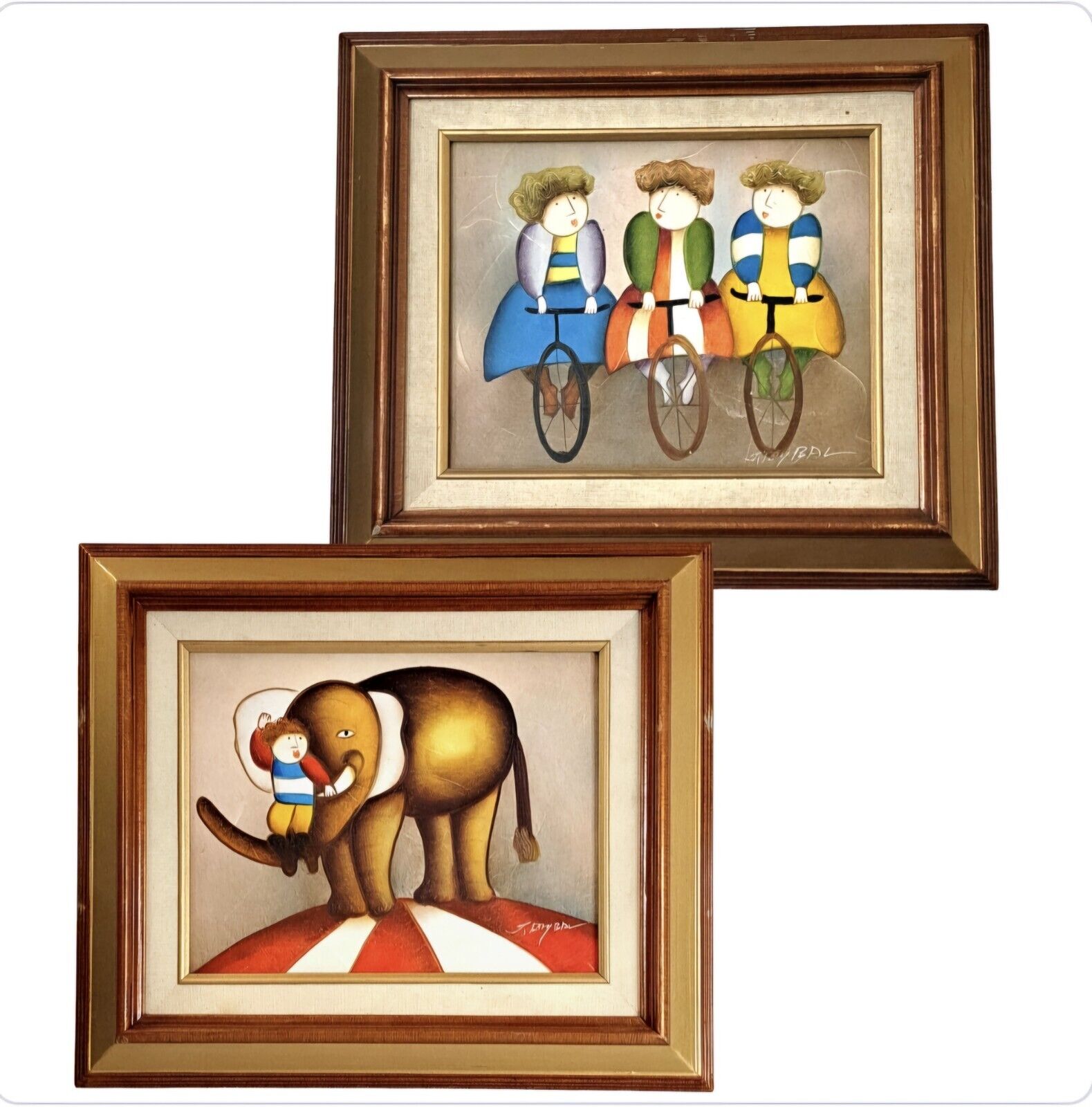 Joyce J. Roybal Signed 2Pcs Painting Oil on Canvas Elephant & Cyclists Framed