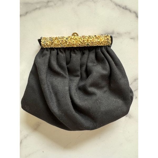 Guild Creations vintage 1940 puffy black pouch purse encrusted jewels floral ple