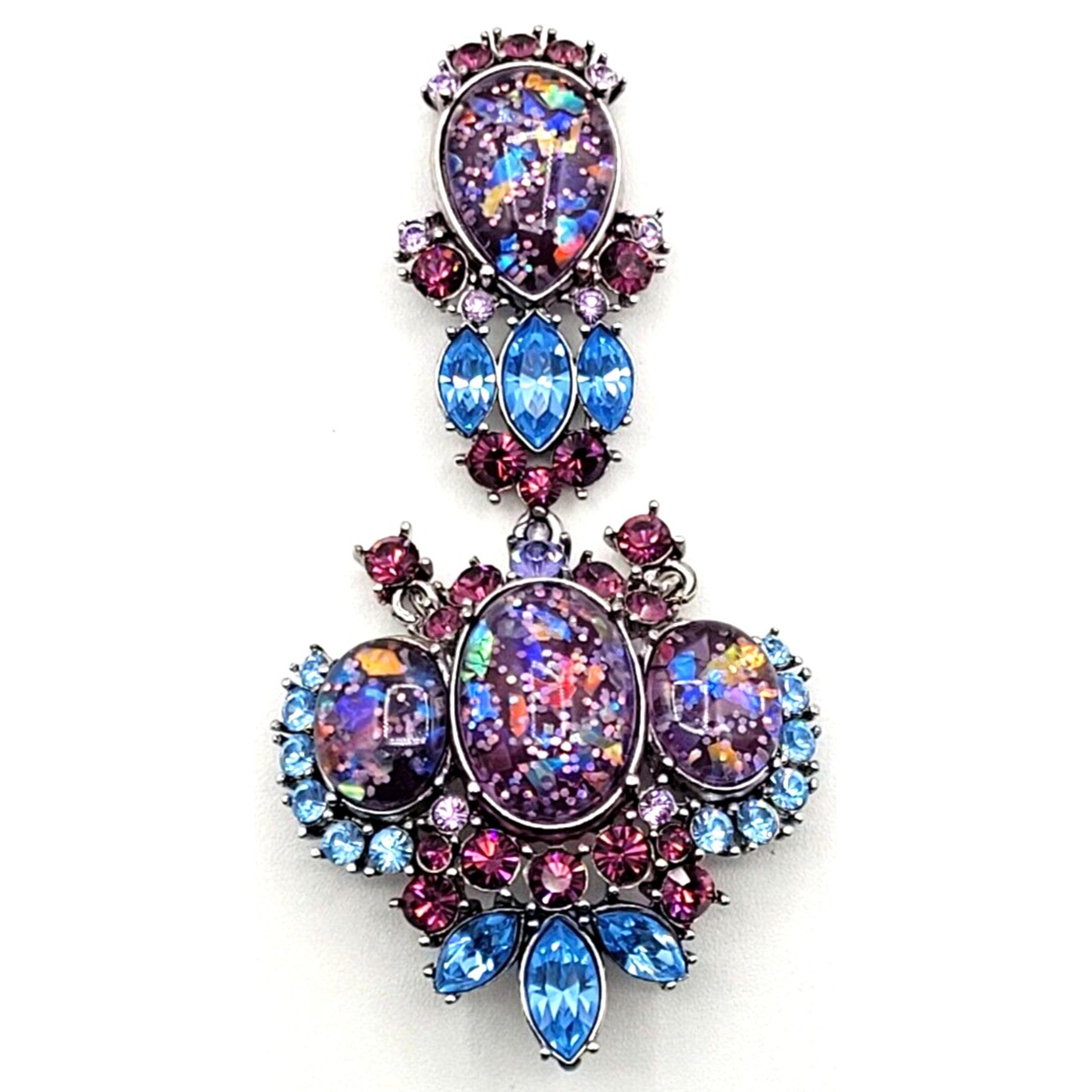JOAN RIVERS FOILED PURPLE BLUE CABOCHON BROOCH SILVERTONE DANGLE PIN