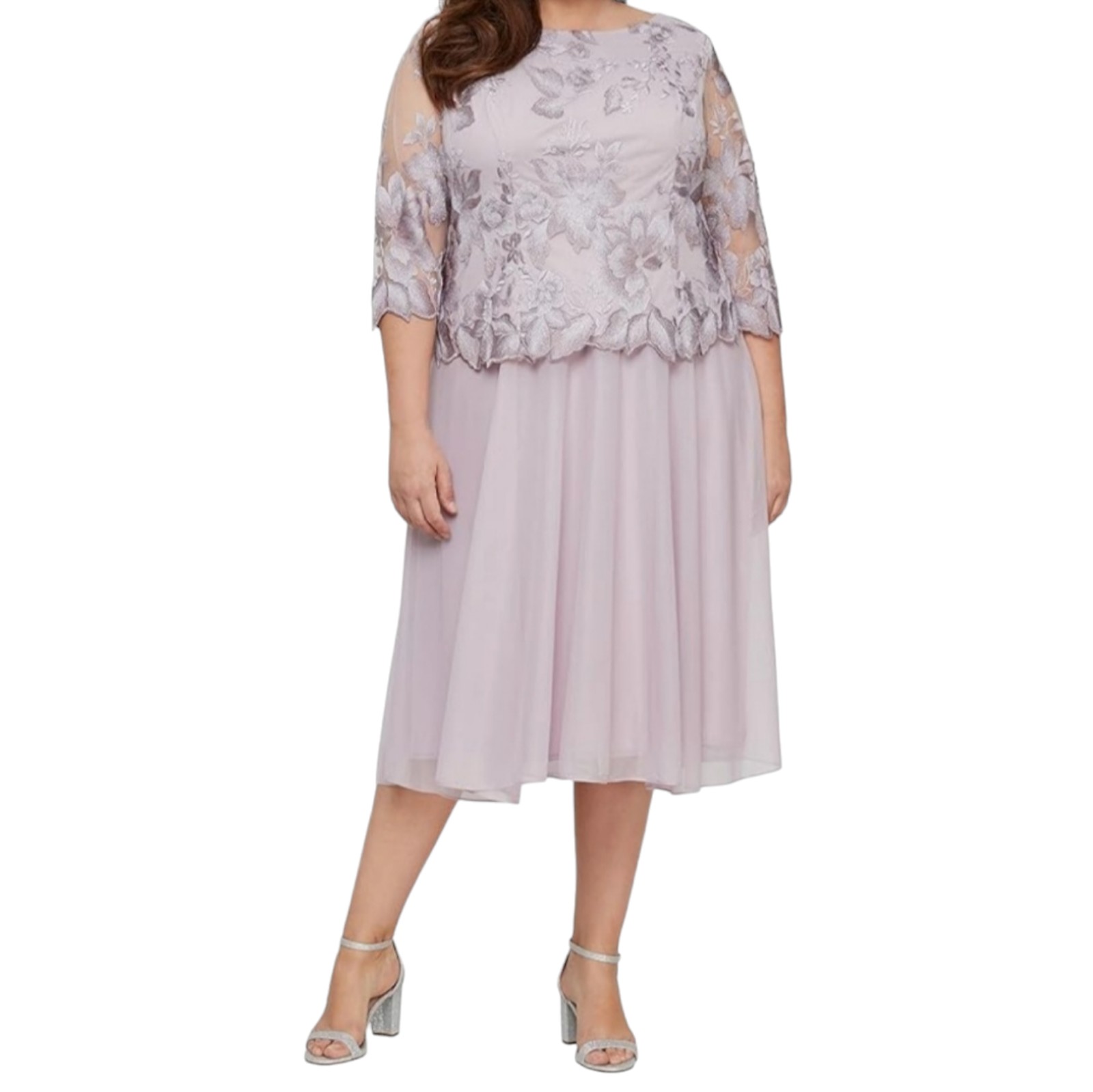 Alex evenings Womens 22W smokey Orchid Lace Tea Length Lavender Purple Dress