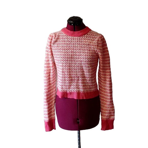 WAYF Womens Sweater Size Small Pink White Open Waffle Knit Stripe