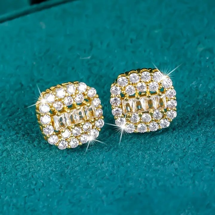 2ct Diamond Womens 18K Gold Square Stud Earrings Ladies 18 K Silver New Jewelry