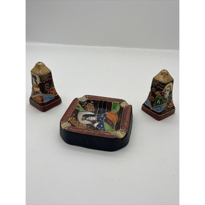 Vintage Asian Salt and Pepper Shakers Set with Matching Ashtray