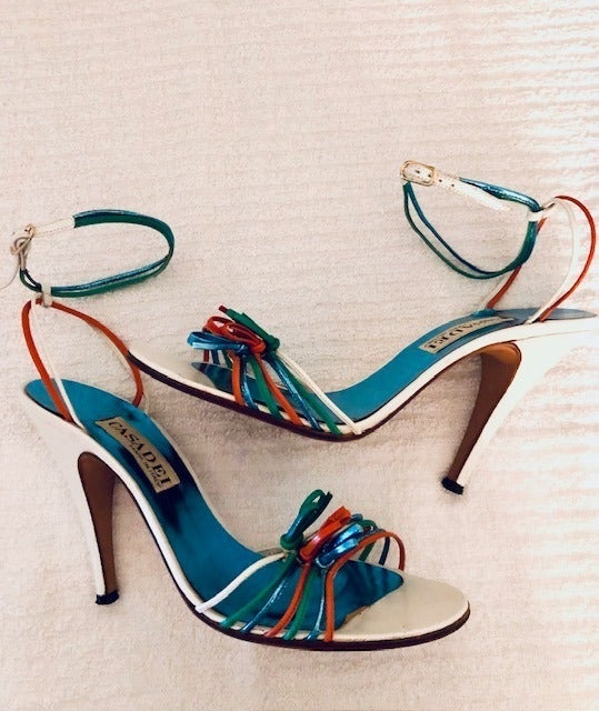 CASADEI, Vintage 80s Made in Italy, Colorful Leather Strap Sandal Heel, 7 1/2