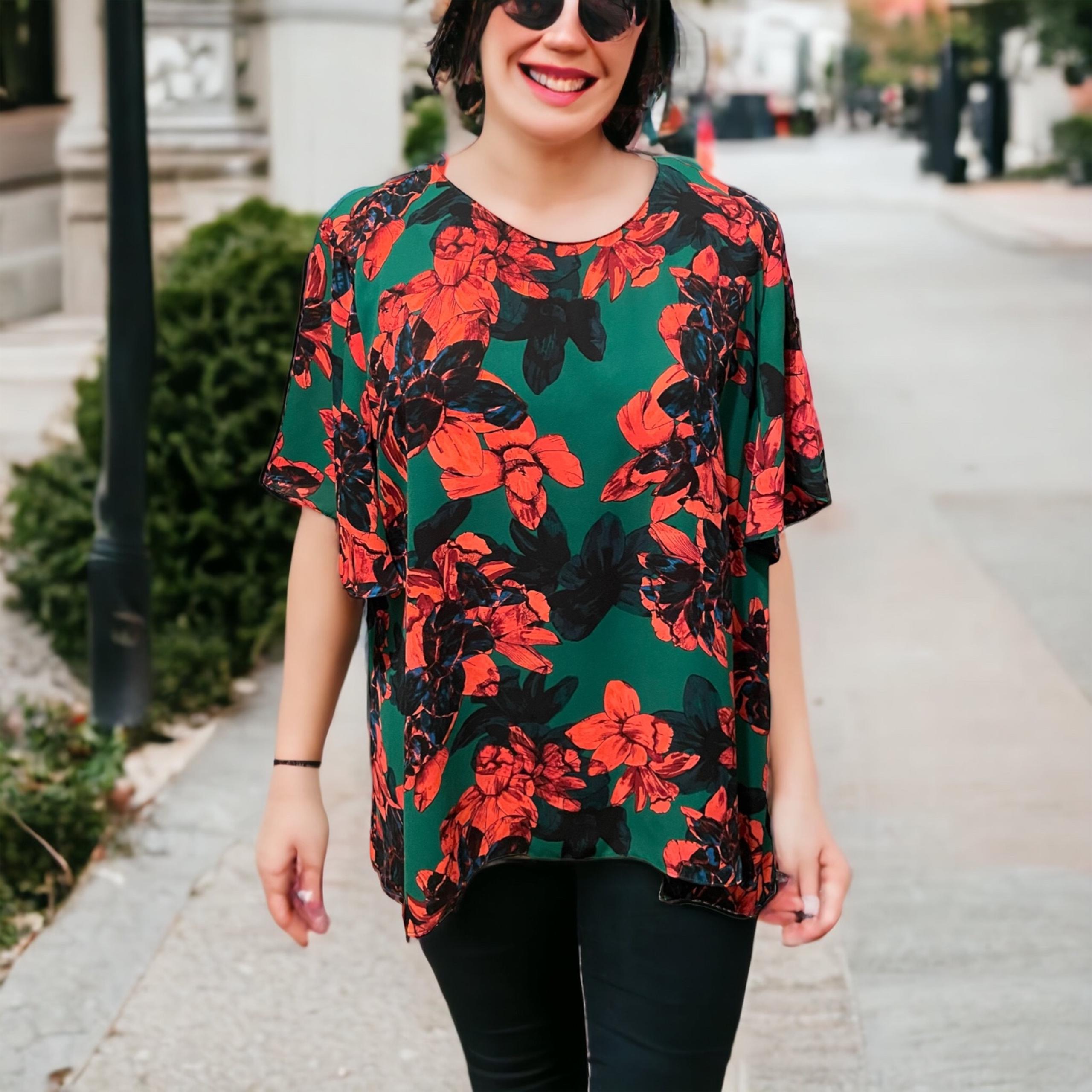 Vince Camuto Flutter Sleeve Green Red Floral Tunic Style Size XL MSRP $89